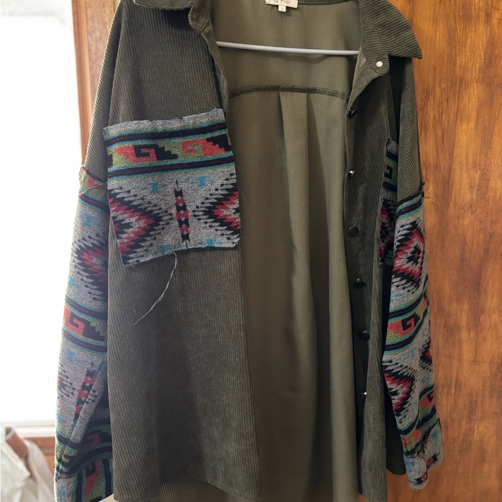 Green Corduroy Jacket with Aztec Pattern Sleeves